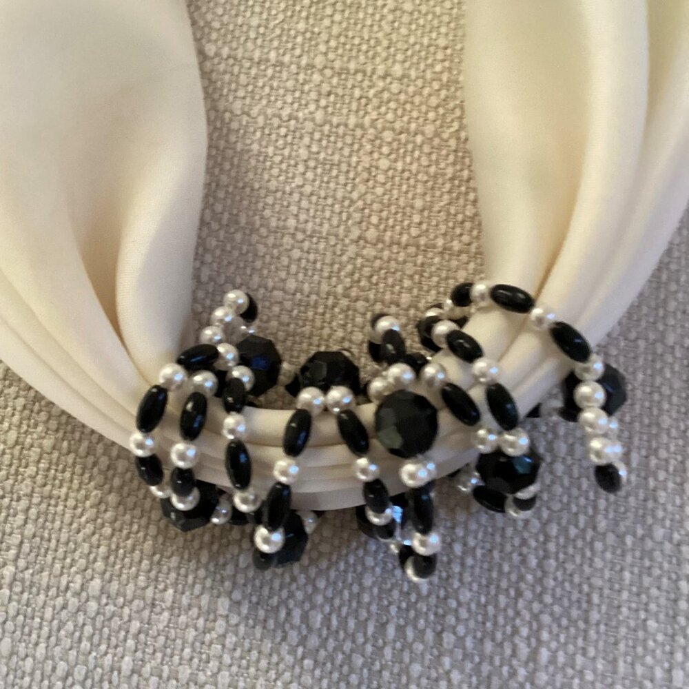 Cream, white scarf necklace with beads, 19 inches